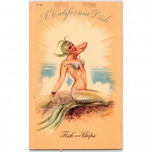 FISH & CHIPS - A California Dish - Vintage Pin-up Linen Postcard -Pretty Mermaid