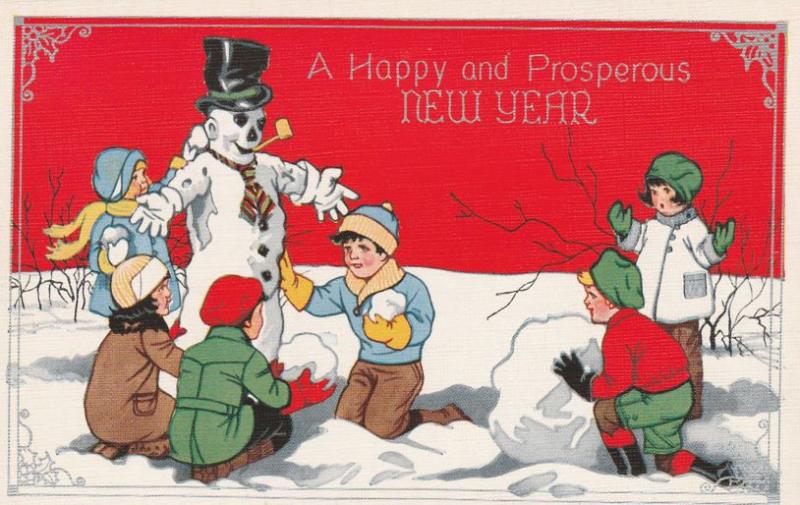 Children Building Snowman - Happy and Prosperous New Year's Greetings - Linen