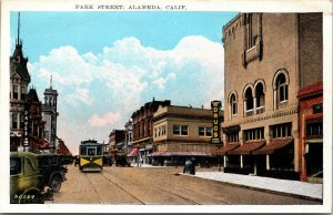 Alameda California~Park Street Trolley~Drug Stores~Vintage Autos~1920s Postcard