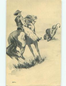 Pre-Linen Western COWBOY ON HORSEBACK ROPES BUFFALO IN OLD WEST AC5772