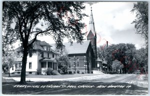 c1950s New Hampton, IA RPPC Evangelical Lutheran St. Paul Church Dirt Road A112
