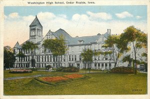 Cedar Rapids Iowa~Washington High School~Name in Flowers in Front~1920s~Postcard