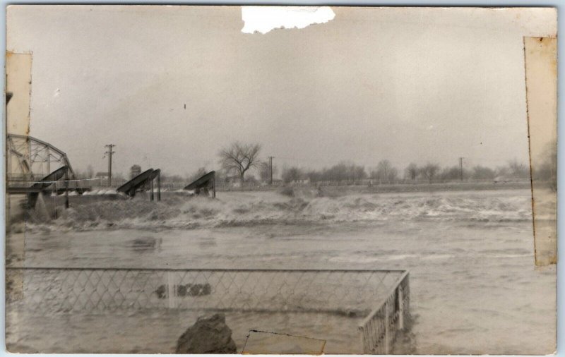 x2 LOT c1940s Unknown Flood RPPC Raging River Railroad Bridge Dam Photos IA A257