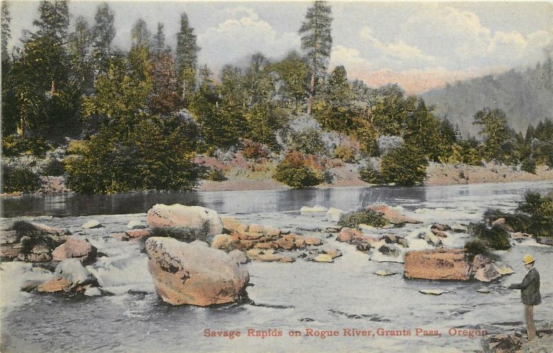 Chromograph Postcard; Man Fishing, Savage Rapids on Rogue River Grants Pass OR