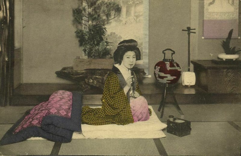 japan, Smoking Geisha Lady, Kimono (1910s) Hand Painted Postcard