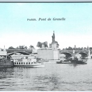 c1900s Paris, France Pont de Grenelle Bridge Statue Seine River Boat Pier A359