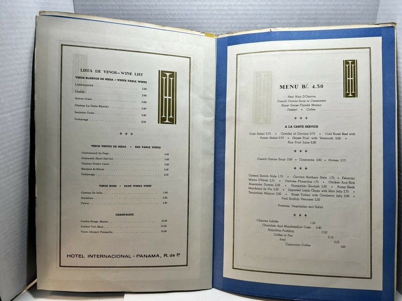 Vintage 60s Hotel Internacional Panama Dinner Menu