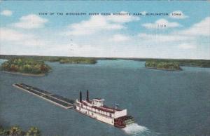 Iowa Burlington View Of Mississippi River With Barges From Mosquite Park 1951