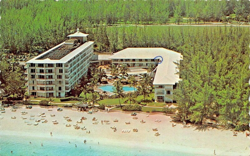 NASSAU BAHAMAS~AERIAL VIEW OF GLAMOROUS~NASSAU BEACH HOTEL~ POSTCARD