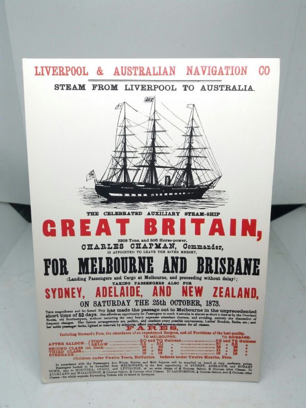 Steamship Great Britain UK to Australia Advertising Poster 1873 Repro Postcard