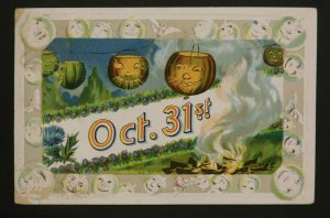 1910 Halloween Postcard Jack-O'-Lantern Baskets, Campfire Syracuse, NY