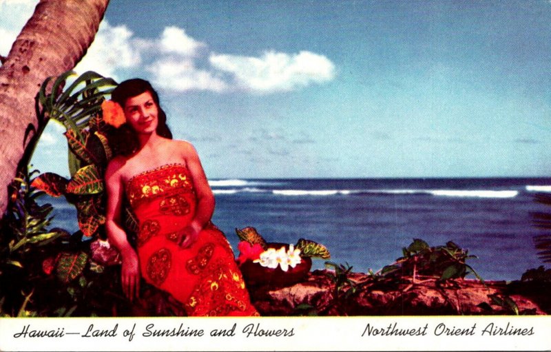 Hawaii Land Of Sunshine and Flowers Beautiful Girl Northwest Orient Airlines ...