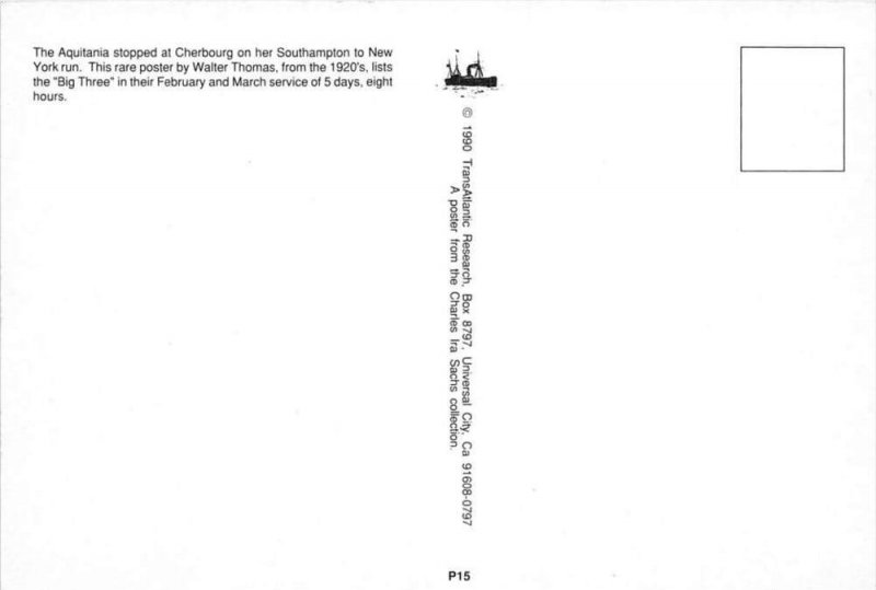 Cunard Line  poster by Walter Thomas    Replica postcard