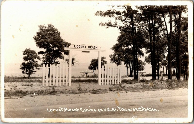 RPPC Locust Beach Entrance on U.S. 31, Traverse City MI c1945 Vtg Postcard A68