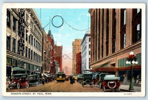 St Paul Minnesota Postcard Roberts Street Classic Cars Buildings Streetcar 1928