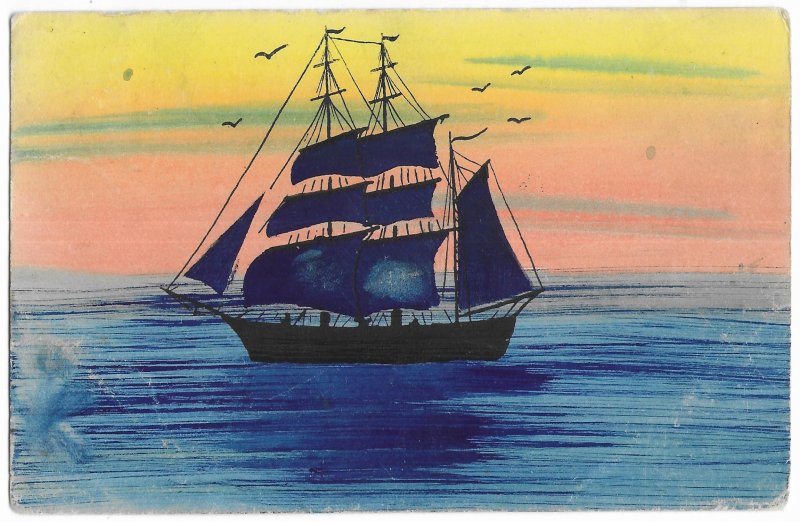 De Panne to Mortsel, Antwerp, Belgium 1934 Hand Painted Postcard Sailing Ship