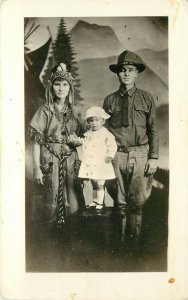 RPPC Postcard Couple Dressed for Halloween Party? & Baby, Indian Maid & Ranger
