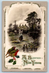 John Winsch Signed Postcard New Year Song Birds Field Scene Brooklyn NY 1913