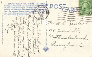 Vintage Postcard 1938 Edgar Allan Poe Shrine Richmond VA. Virginia