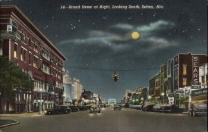 Selma Alabama Broad Street Scene at Night Full Moon Vintage Postcard