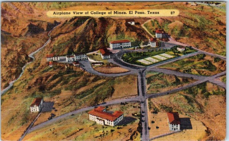 EL PASO, Texas  TX   Airplane View  COLLEGE of MINES  ca 1940s Linen   Postcard