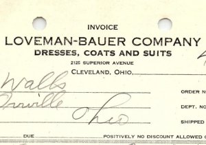 1939 LOVEMAN-BAUER CO. CLEVELAND OH DRESSES COATS SUITS BILLHEAD INVOICE Z1019