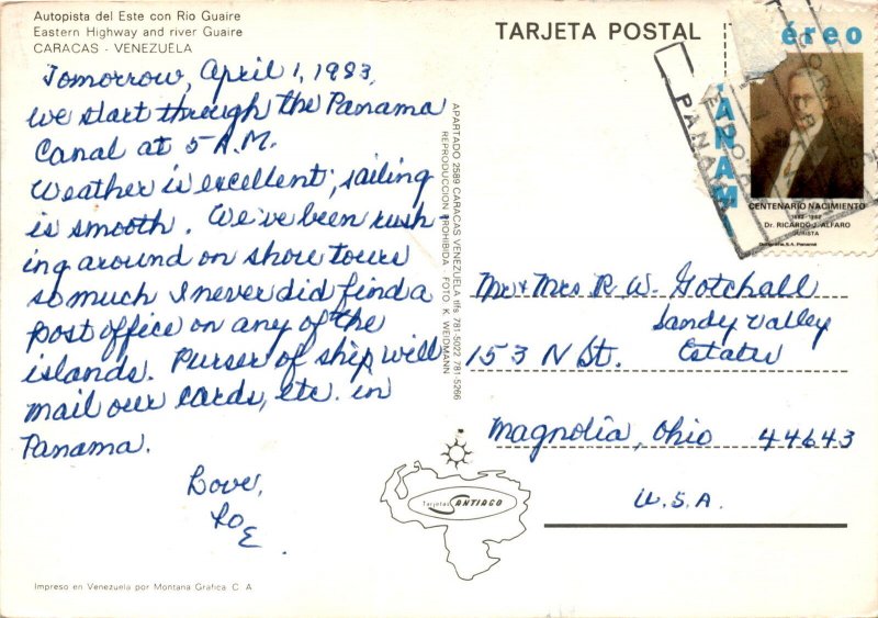 Vintage Postcard from Caracas, Venezuela - Panama Canal Journey