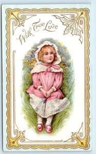 VALENTINE Cute Girl WITH TRUE LOVE c1910s McLaughlin Bros. Embossed Postcard