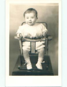 Pre-1950 rppc ANTIQUE BABY CHAIR WITH SLIDING WOODEN BEAD TOY o2489