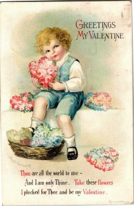 Clapsaddle Valentine Greetings Child with Basket of Flowers Vintage Postcard M38