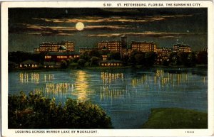 Looking Across Mirror Lake in Moonlight, St Petersburg FL Vintage Postcard Y14