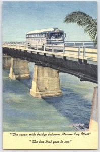 Vintage Linen Postcard Seven Mile Bridge Miami-Key West Bus Scene
