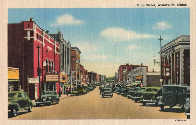 Old Cars, Appleton Inn Sign, Main Street, Waterville, Maine Linen Postcard 