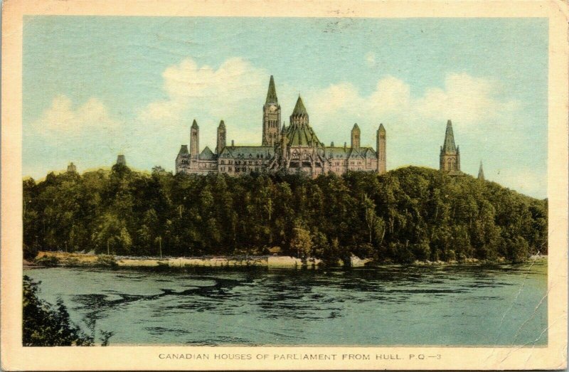 Canadian Houses Parliament Hull PQ Canada WB Postcard VTG PM Cancel WOB Note 