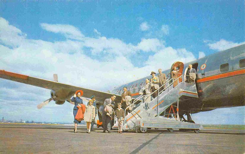American Airlines DC 6 Plane Passengers Leaving Aircraft 1950s postcard