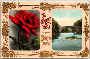 To Greet You On Your Birthday Red Roses & River Bridge Greetings Postcard