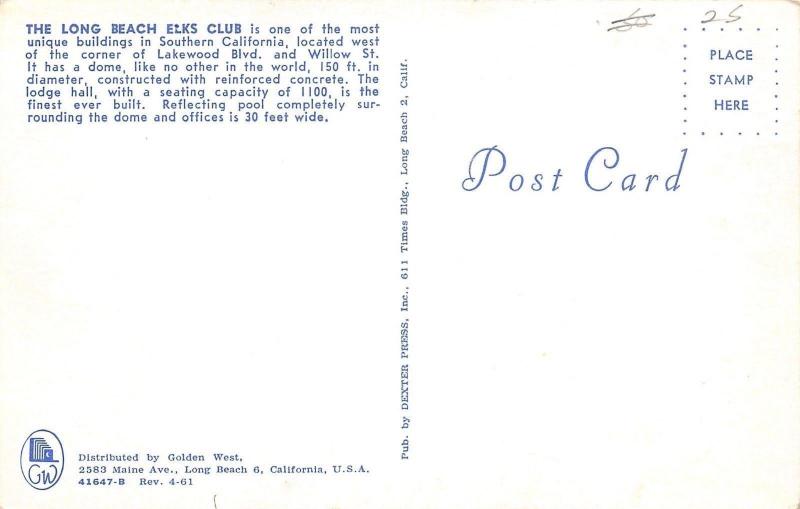 Long Beach California~Elks Lodge~1960 Postcard 