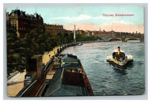 Vintage 1920's Postcard Thames Embankment River Boats London UK