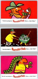 3 Postcards HARRAH'S CLUB Reno-Lake Tahoe, NV I Hit the Jackpot Casino c1950s