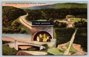 Pennsylvania~Scenes Along Wonder Highway~Blue Mountain Tunnel~Vtg Linen Postcard