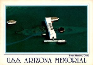 Postcard shows sunken U.S.S. Arizona and memorial.