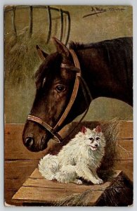 Precious Horse and White Dog Artist Signed A Muller Postcard D26