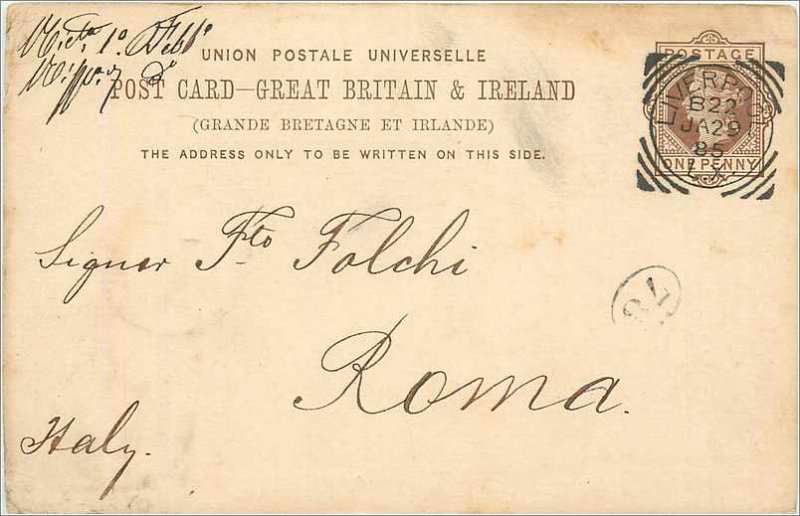 Entier Postal Stationery Postal Britain Great Britain in 1895 Liverpool to Rome