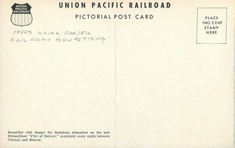 1940s Union Pacific Railroad Advertising Interior Postcard Club Lounge 22-4289 