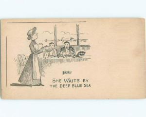 Unused Pre-1907 comic WOMAN SERVING DINNER TO THE MEN k3137