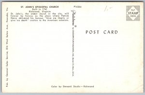 Vtg Richmond Virginia VA St Johns Episcopal Church 1950s Chrome View Postcard
