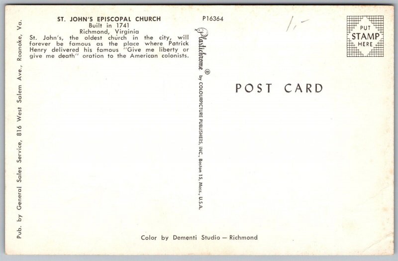 Vtg Richmond Virginia VA St Johns Episcopal Church 1950s Chrome View Postcard