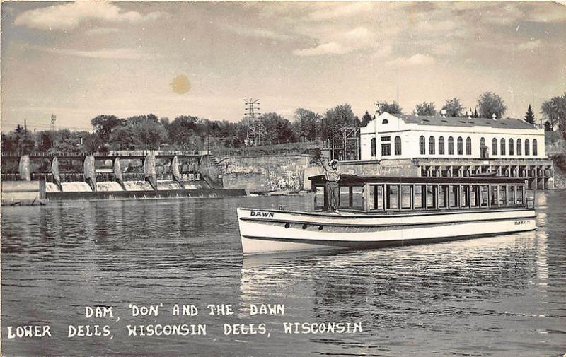 Lower Dells WI Dam, 'Don and The Dawn Ferry Boat RPPC Real Photo Postcard