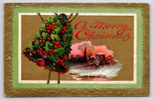 Holiday~Merry Christmas~Gold Border~Holly Berry Bell~Country Scene~PM 1911 PC