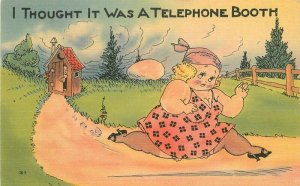 Blonde Woman running Comic Humor Outhouse Telephone Booth 1942 Postcard 8488